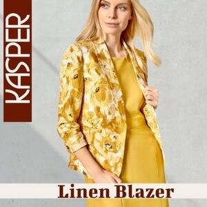 KASPER Linen-Blend Floral Print Ruched-Sleeve Tailored Blazer NWT/Size 8